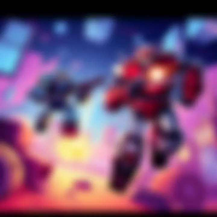 Two robots, one bulky and one sleek, jumping and shooting in a vibrant side-scroller game environment.
