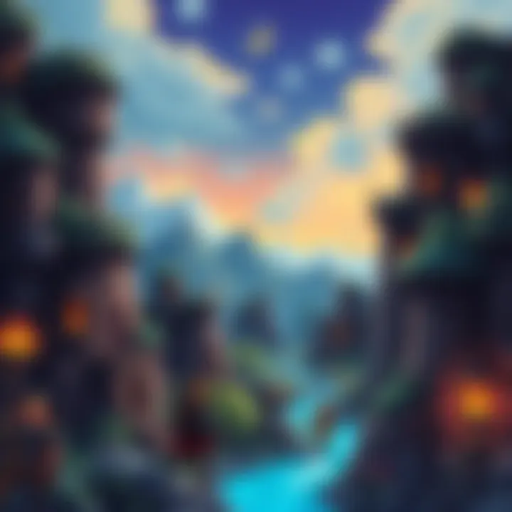 A nostalgic game scene featuring pixel art characters exploring a fantasy landscape, reminiscent of classic RPGs like Baldur's Gate and Dragon Quest.