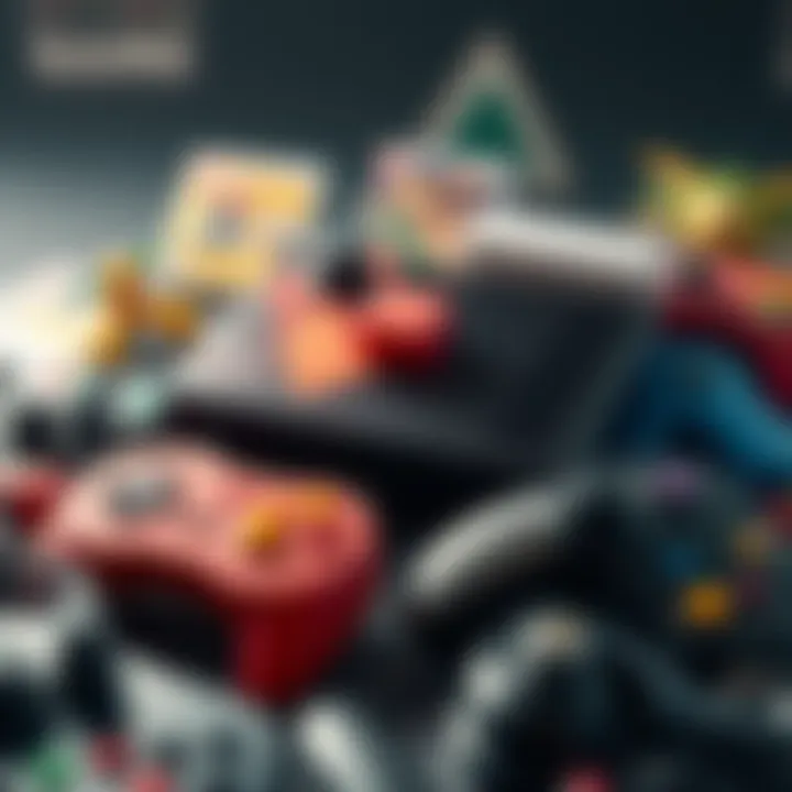 A nostalgic video game console with colorful controllers, representing old school gaming favorites, surrounded by games.