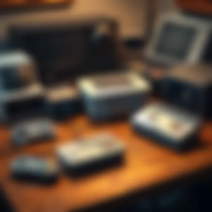 A collection of classic video game consoles and cartridges on a wooden table, showcasing nostalgic gaming experiences.