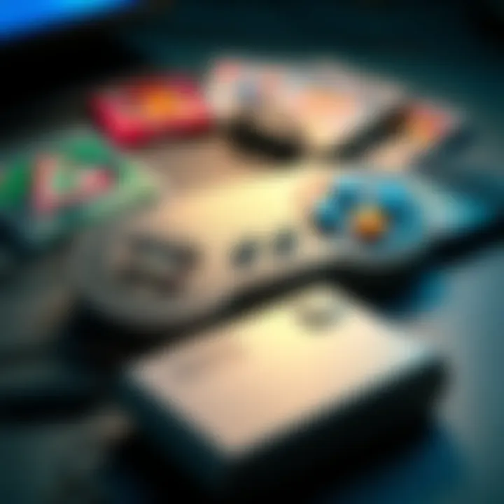 A vintage video game controller laying on a table with colorful game cartridges around it, showcasing a nostalgic gaming vibe.