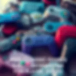 A collection of vintage video game controllers from different classic games displayed together.