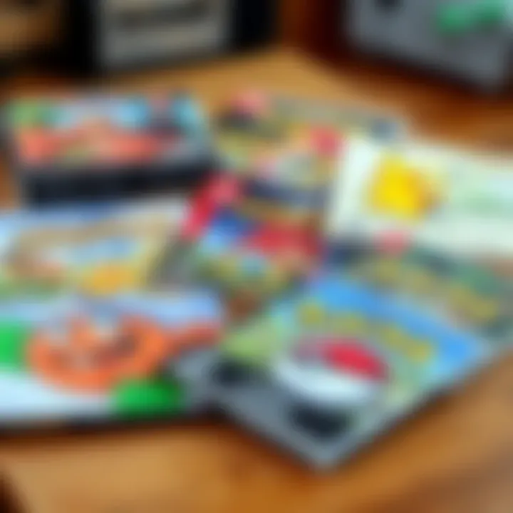 Classic Video Game Manuals A collection of classic video game manuals from the 90s and early 2000s, featuring covers of Civilization II and Pokรฉmon, laid out on a wooden table with a nostalgic vibe.