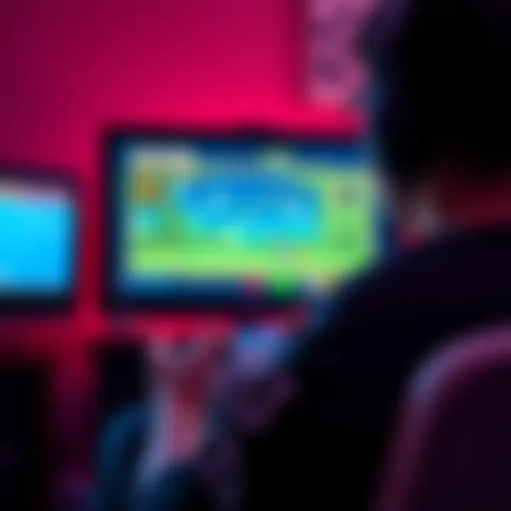 A gamer sits in front of a screen, focused on a retro video game with nostalgic graphics and a game controller in hand.