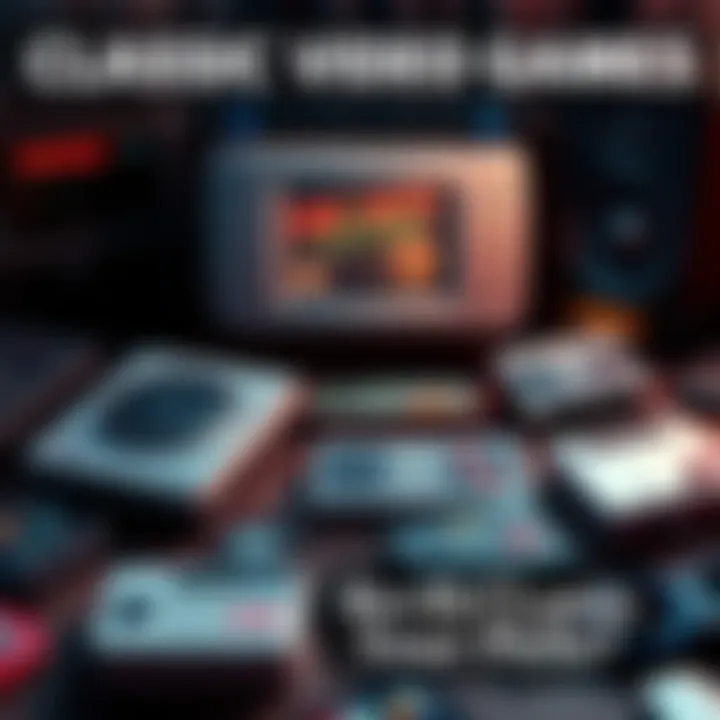 A collection of retro video game consoles and cartridges showcasing classic game titles