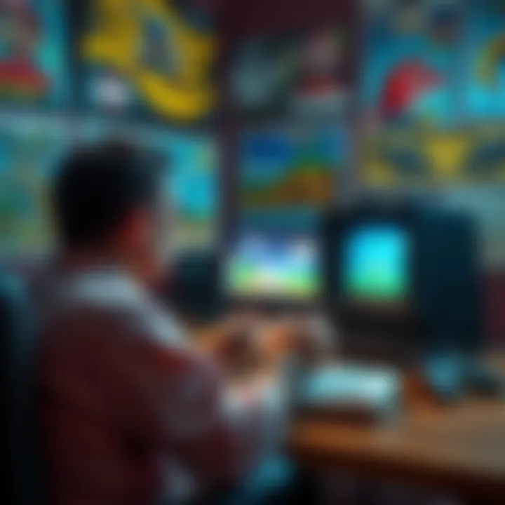 A person playing a retro video game on an old console, surrounded by nostalgic game posters and controllers.