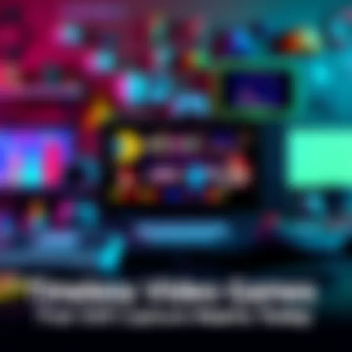 A collection of iconic video game characters and scenes from classic games like Mario and Pac-Man, set against a colorful background.