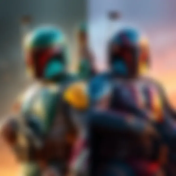 Side by side view of Classic Boba Fett in original design and Modern Boba Fett in updated style, showcasing their armor and features.