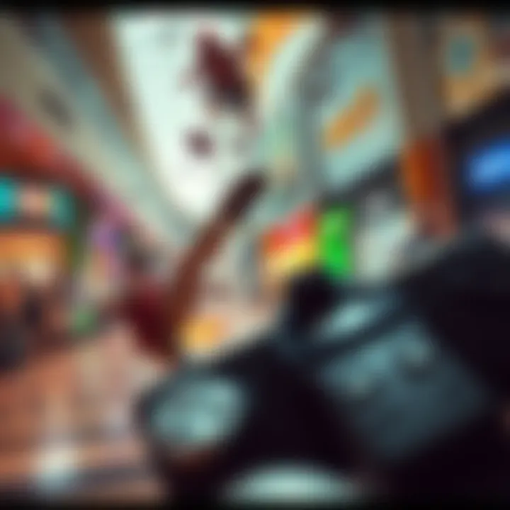 Classic Xbox Game in a Mall A chaotic battle scene inside a shopping mall with characters fighting and colorful shops around them.