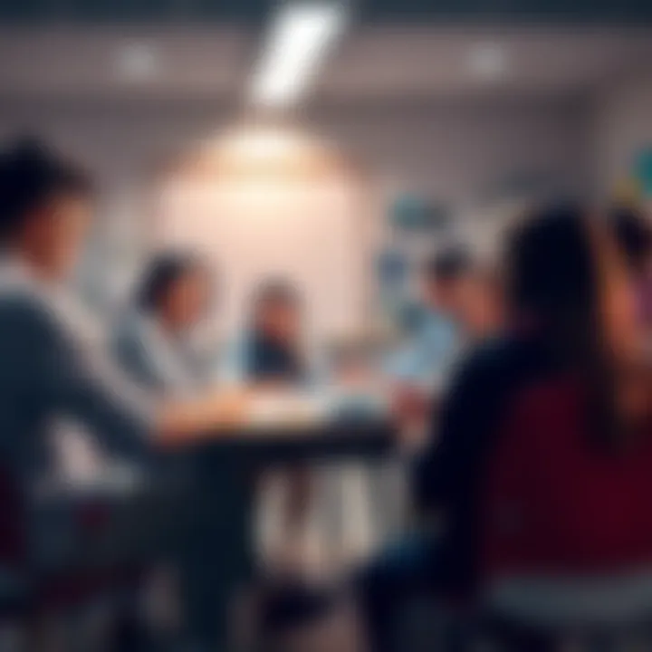 A group of students engaged in a lively discussion around a table, showcasing collaborative learning in a classroom setting.