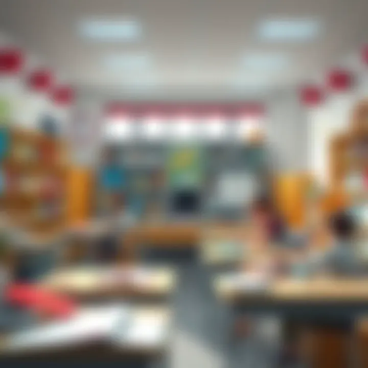 Classroom with Essential Learning Materials A bright classroom filled with essential learning materials including books, educational tools, and students engaged in group activities.