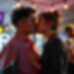 Clavicular leans in for a kiss with a trans woman, both showing surprise and emotion, in a lively setting