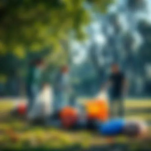 A group of people cleaning up litter in a park, collecting trash in bags to promote a cleaner environment.