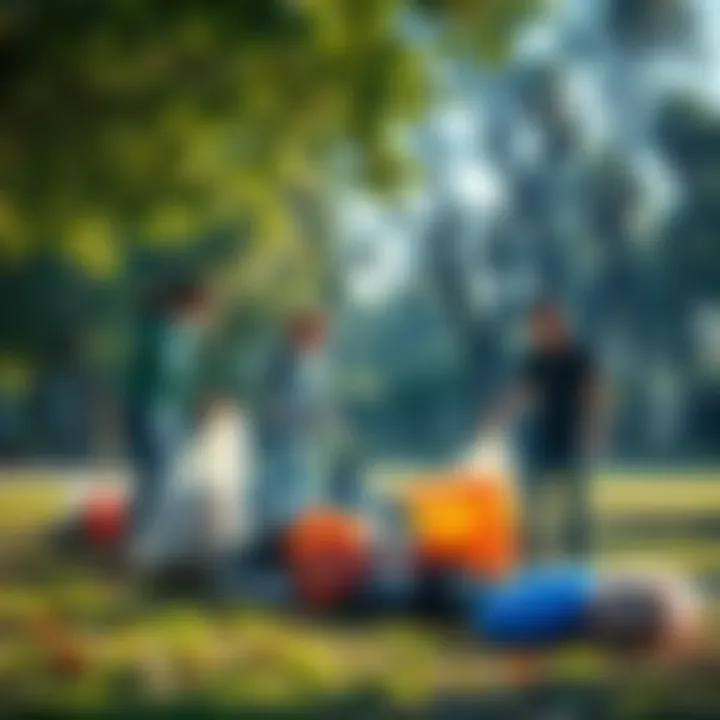 A group of people cleaning up litter in a park, collecting trash in bags to promote a cleaner environment.