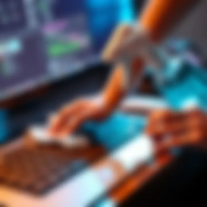 Person cleaning a keyboard with a cloth and cleaning spray, showing effective methods to maintain a tidy workspace.