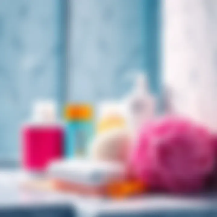 A collection of shower products including shampoo, soap, and loofah arranged neatly in a bathroom setting.