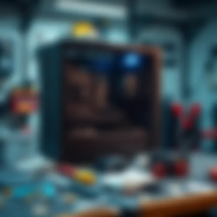 Cleaned Computer After Rat Infestation A restored computer on a workbench, showing evidence of recent cleaning and repair efforts, surrounded by cleaning tools and parts.