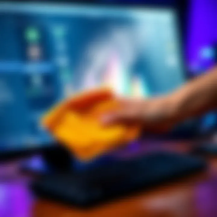 A person using a microfiber cloth to wipe dust from a computer monitor and keyboard