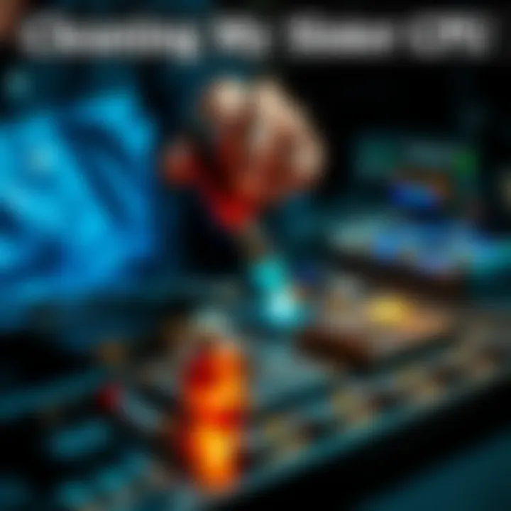 Cleaning a CPU A person cleaning a CPU with thermal paste and tools on a table