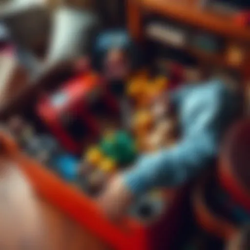 Cleaning out old belongings A person sorting through a box of childhood memories, displaying toys and keepsakes from their father's past.