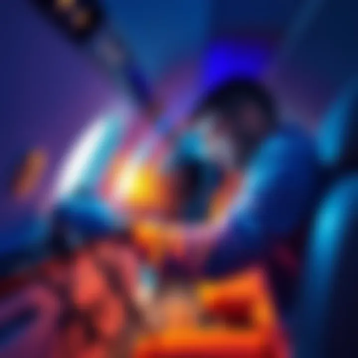 A person cleaning the interior of a private jet, focusing on hard-to-reach areas around fuselage wires.