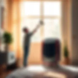 A person dusting off a space heater in a bright room during a heatwave