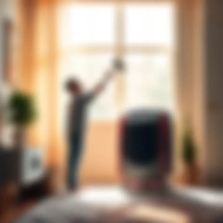 Cleaning a space heater for summer A person dusting off a space heater in a bright room during a heatwave
