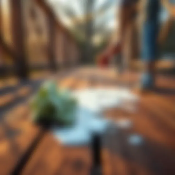 A person using a cloth to wipe up spilled milk on a wooden deck