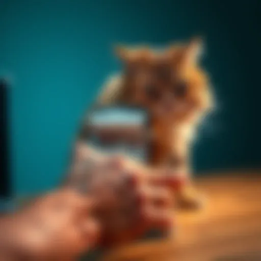 Person using a lint roller to remove cat hair from a smartphone case