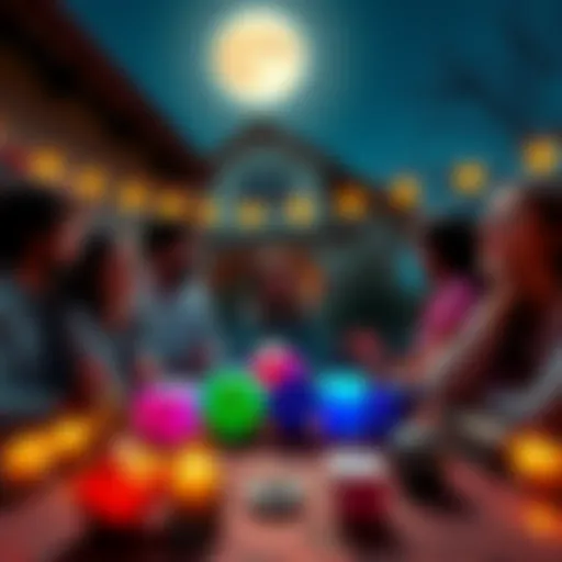 A group of friends cleansing colorful dice under a bright full moon, set in a cozy outdoor space, with candles and magical items around.