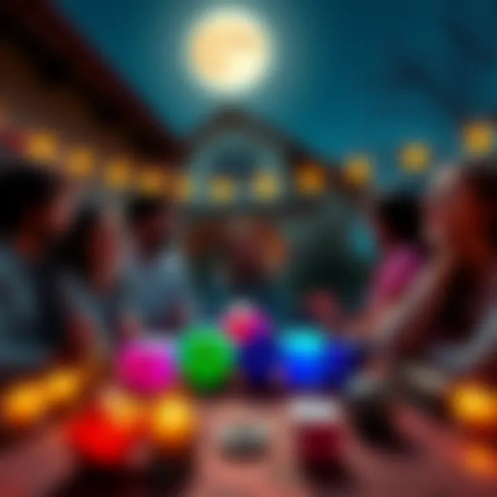 Cleansing Dice Under the Full Moon A group of friends cleansing colorful dice under a bright full moon, set in a cozy outdoor space, with candles and magical items around.