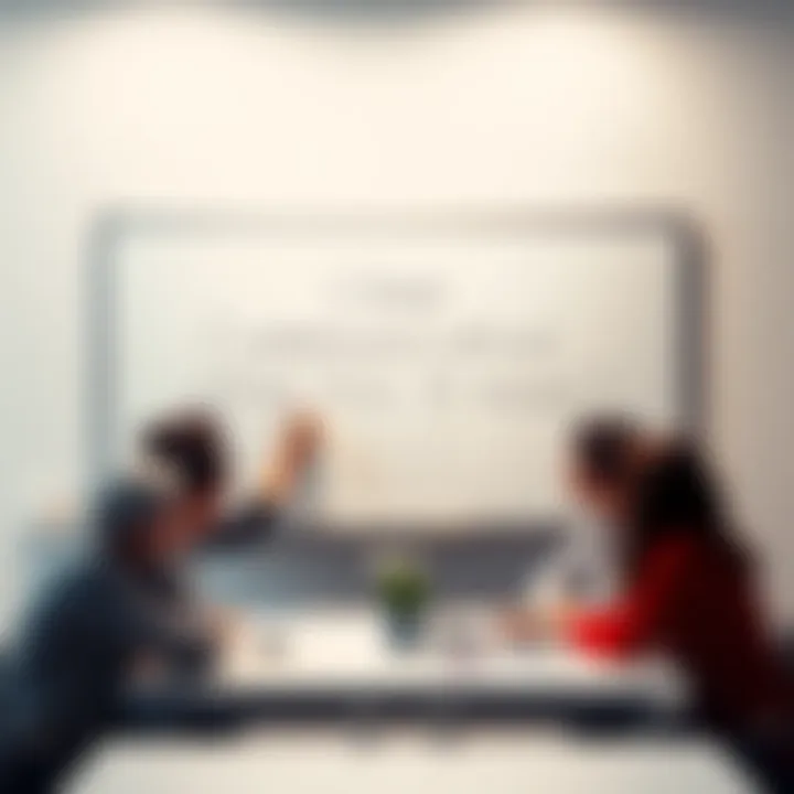 A person writing communication objectives on a whiteboard surrounded by team members discussing ideas