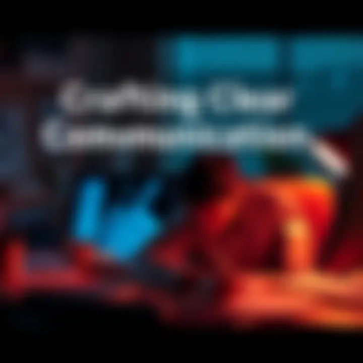 A writer working at a desk, focused on crafting clear and concise messages, surrounded by notes and a laptop.