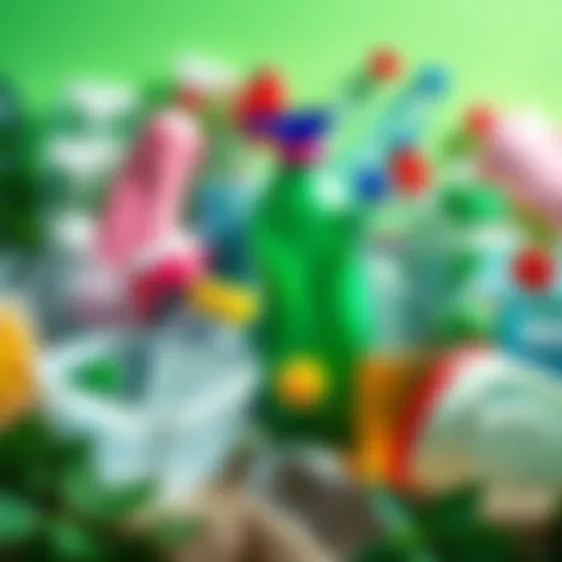 An image showing various plastic items that are now opaque instead of clear, symbolizing the decline of clear plastic technology, alongside greenery to represent Jungle Green.