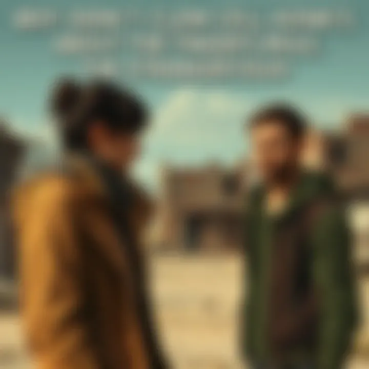 Clem looks worried while speaking to Kenny in a desolate setting, hinting at a strained relationship. The background shows abandoned buildings, reflecting their harsh world.