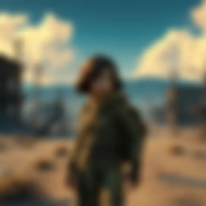 Clementine in a rugged outfit, looking determined in a desolate landscape with fading buildings and sparse trees, symbolizing her challenges