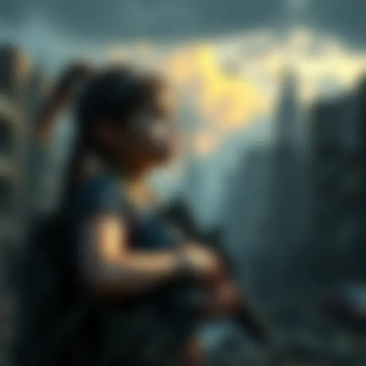 Clementine holding a weapon, looking cautious in a ruined cityscape