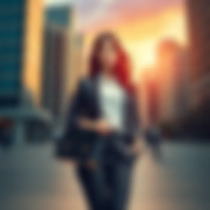 A young woman named Clementine, dressed in modern professional attire, stands confidently in a cityscape, holding a briefcase, symbolizing her potential career opportunities in a safe world.