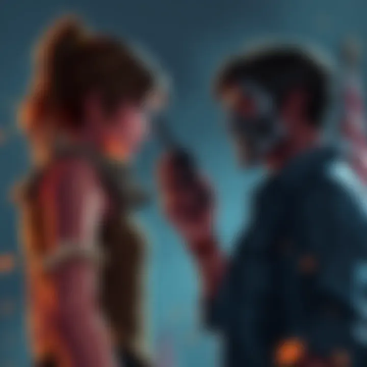 Clementine holding a walkie talkie, facing a stern-looking Carver in a tense moment