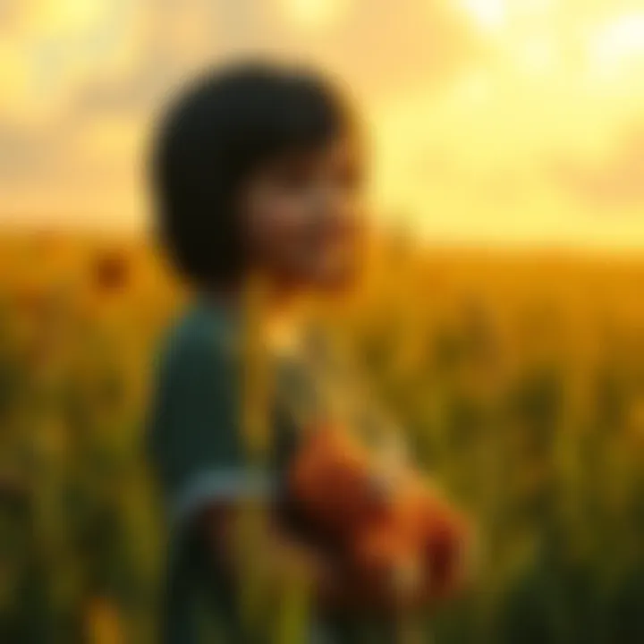 Clementine standing in a sunny field, smiling and holding a teddy bear, representing a hopeful life without an apocalypse.