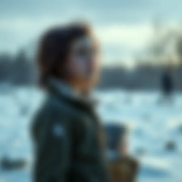 Clementine stands in a snowy landscape, looking worried with a child beside her, reflecting a tense moment from The Walking Dead Season 2.