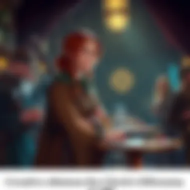 A female cleric, wearing a robe and holding a staff, looks thoughtfully at a group of adventurers. One teammate appears uneasy, hinting at a conflict. The setting is a dimly lit tavern with tables sca...