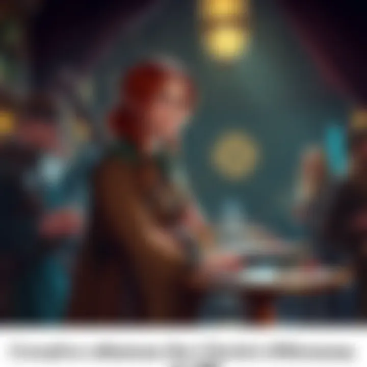 A female cleric, wearing a robe and holding a staff, looks thoughtfully at a group of adventurers. One teammate appears uneasy, hinting at a conflict. The setting is a dimly lit tavern with tables sca...