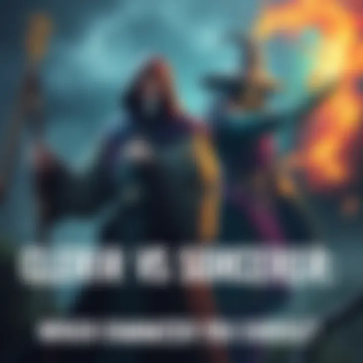 A cleric in traditional robes holding a staff and a sorcerer casting magic with colorful energy around them, set against a fantasy backdrop