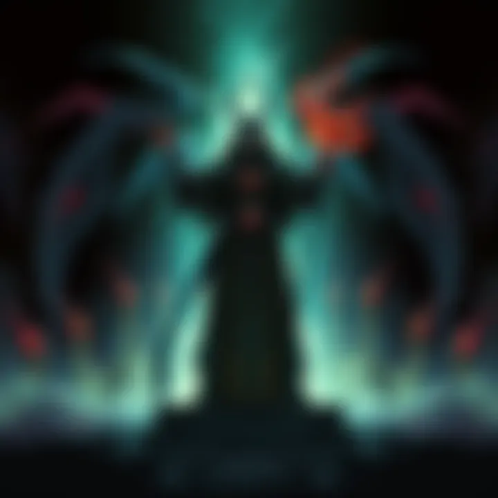 A Cleric in a dark robe stands confidently, surrounded by swirling shadows and elemental forces, representing Tiamat's power. The figure holds a staff with a dragon motif, symbolizing a moral struggle...