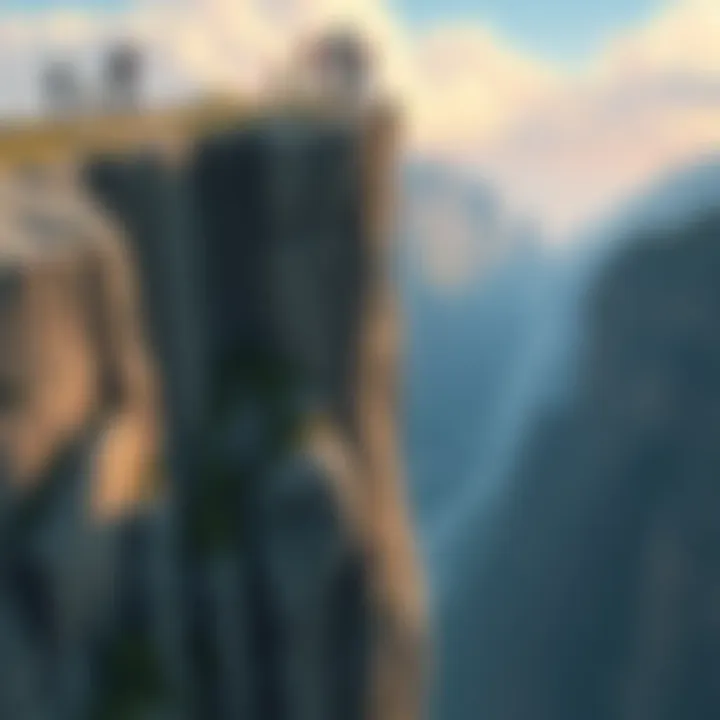 Cliff DH Overview An illustration showing a cliff with people engaged in downhill activities, showcasing excitement and fun.