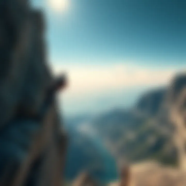 Person climbing a rocky ledge in Liurnia A person using climbing gear to ascend a rocky ledge in a scenic area of Liurnia