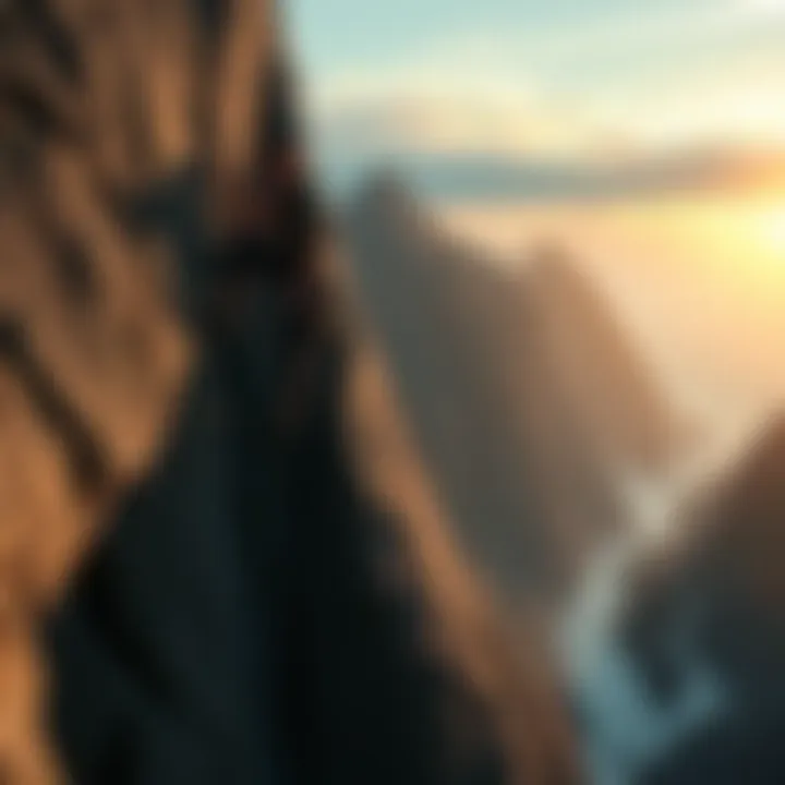 Climber scaling a rocky cliff A gamer character climbing a steep rock face with a breathtaking view in the background