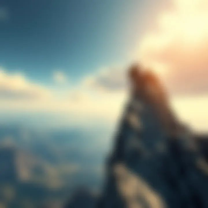 A virtual climber reaching the summit of a towering mountain in a game environment, showcasing the thrill of climbing challenges.