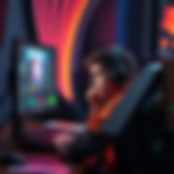 A gamer sitting in front of a computer, looking at a screen showing a game with ranking progress, appears frustrated but determined